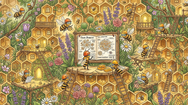 AI generated whimsical illustration of a busy bee colony in a honeycomb city. Anthropomorphic bees working and living among flowers with warm glowing light and cozy mood.