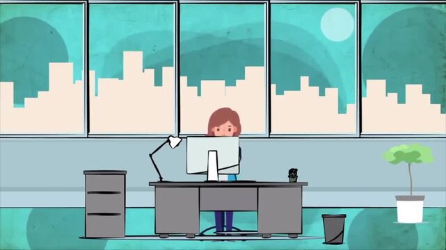Businesswoman Working on Desktop Computer at Office Desk, Modern High Rise Corporate Workspace Layout, 2D Vector Animation