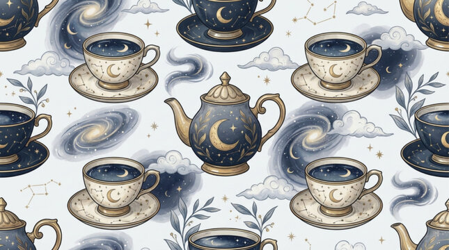 Seamless celestial pattern with mystical teapots and teacups containing galaxies, crescent moons, and stars. Whimsical watercolor style on light background. AI Generated.