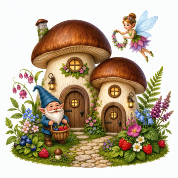 Magical mushroom houses with fairy and gnome fantasy illustration