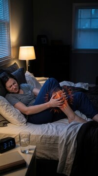 Bedtime sleeper agony: leg cramp, muscle spasm, calf pain, nocturnal ache, sudden stiffness, sharp contraction, physical soreness, tissue strain, twitch discomfort.