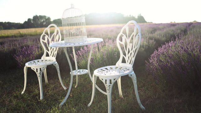 Elegant white wrought iron bistro table and chair set in a blooming lavender field at sunset, romantic garden furniture in a purple floral landscape.