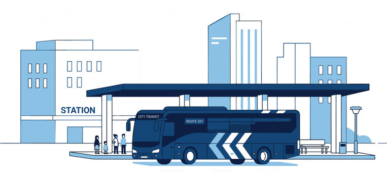 Modern public bus at city station terminal platform with waiting passengers and high rise buildings outline background