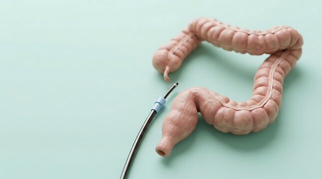 Colonoscopy concept with human large intestine model and endoscope