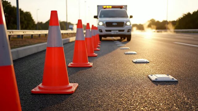 Low Angle Shot Of Bright Orange Traffic Cones On A Highway With Emergency Vehicle During Sunset