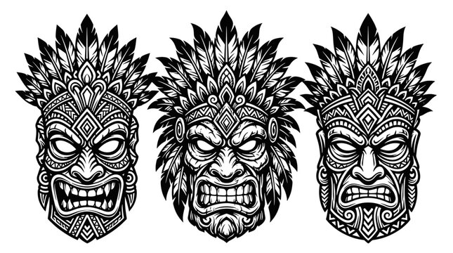 Detailed monochrome tribal warrior mask trio on white.
