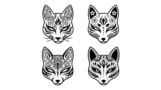 Four ornate Kitsune fox mask illustrations in black ink.