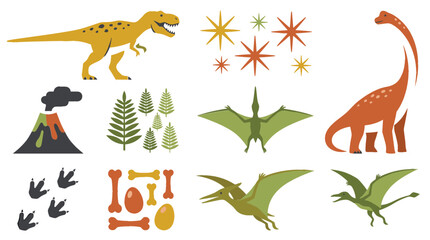 Prehistoric Dinosaur Collection with Tyrannosaurus, Brachiosaurus, Pterosaurs, Volcano, Fossils, Footprints, and Jurassic Vector Illustration Set © MstShahida