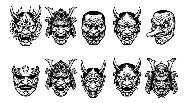 Set of Japanese oni masks and samurai helmet icons.