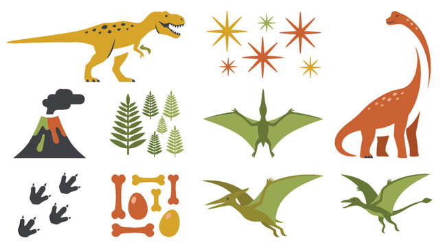 Prehistoric Dinosaur Collection with Tyrannosaurus, Brachiosaurus, Pterosaurs, Volcano, Fossils, Footprints, and Jurassic Vector Illustration Set