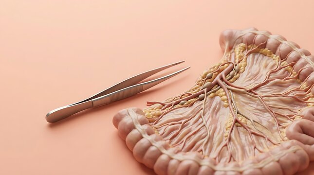 Anatomical Model of Human Intestine with Surgical Forceps