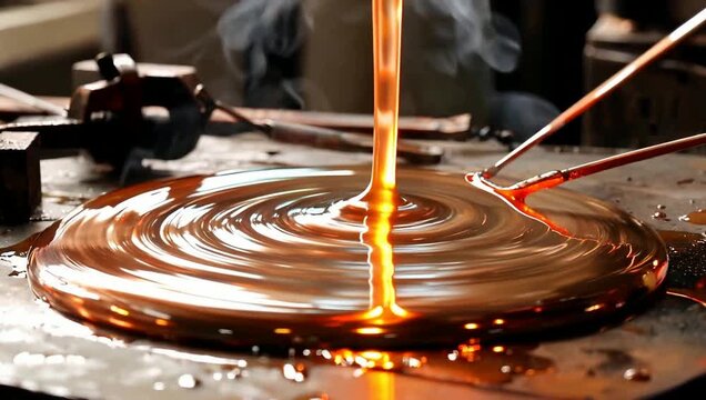 Molten glass pouring and shaping on workshop table by artisan