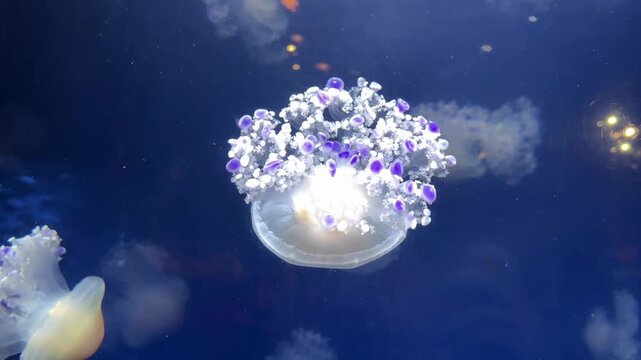 Spotted jelly floating in dark water, aquarium close up