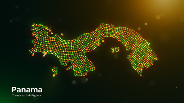 Panama connected intelligence concept featuring a digital node network map and modern typography on a vibrant green yellow orange technology background with glowing bokeh lights.