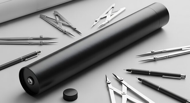 Black Drawing Tube and Drafting Tools on Gray Background