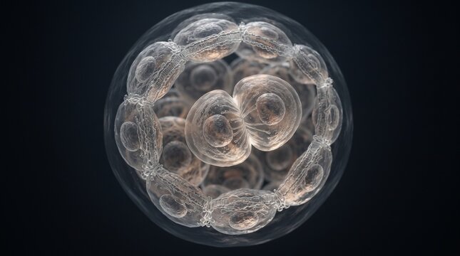 Detailed 3D render of early human embryo during crucial cell division process.