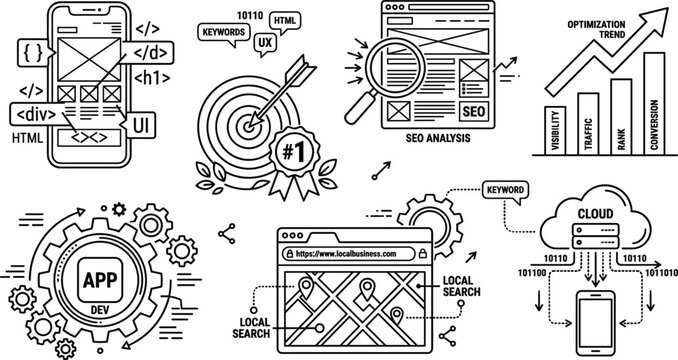 SEO Search Engine Optimization and App Development Outline Vector Set Featuring Analytics Target Keyword Cloud Hosting and Local Search Map