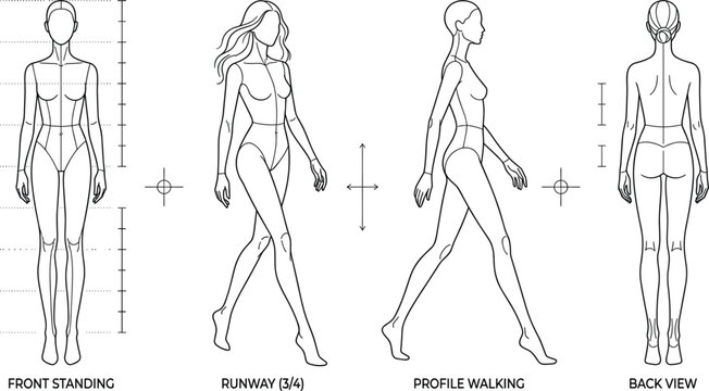 Female Fashion Croquis Set with Front Standing Back View Runway Walking and Profile Poses Vector Flat Technical Template for Apparel Design