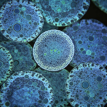 Confocal micrograph of human pancreatic beta cells, insulin secretion structure, real microscopy view, medical research style