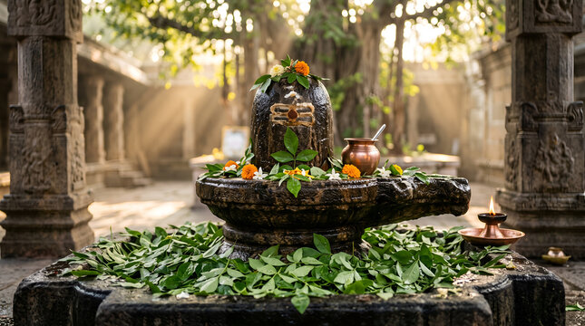 Shiva Lingam decorated with flowers, bel leaves and oil lamp in temple, Adobe Stock photo