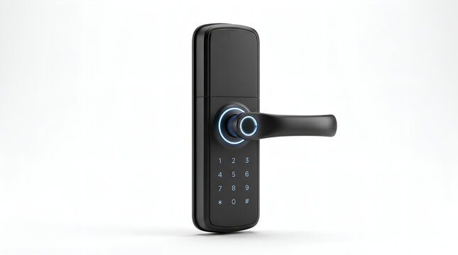 Smart door lock with digital keypad and fingerprint handle isolated on white background