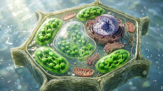 Intricate 3D rendering of a plant cell revealing detailed internal organelles and structures.