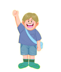 ​Cute Cartoon Schoolboy Waving Hand and Wearing Sling Bag Going to School Isolated sticker on transparent Background