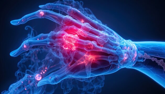 Diseased knuckles and finger joints exhibit painful inflammation within a translucent skeletal structure.