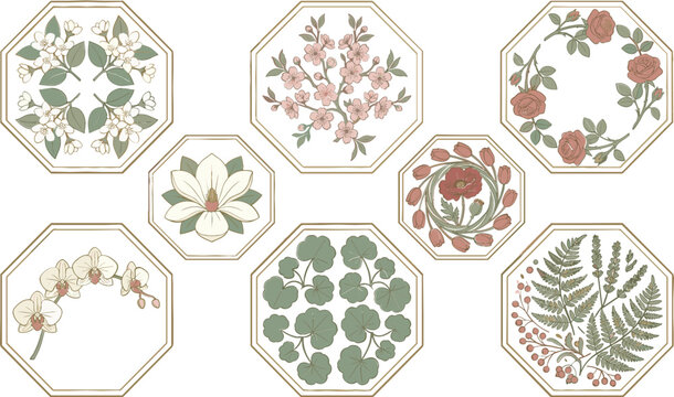 Vintage Botanical Frame Collection with Floral Octagon Borders, Roses, Orchids, Ferns, Cherry Blossoms, and Elegant Vector Illustration Set