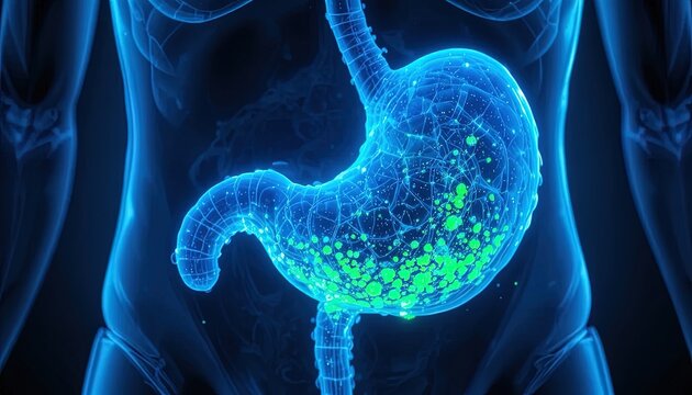 Human digestive organ illuminated with glowing green particles inside.