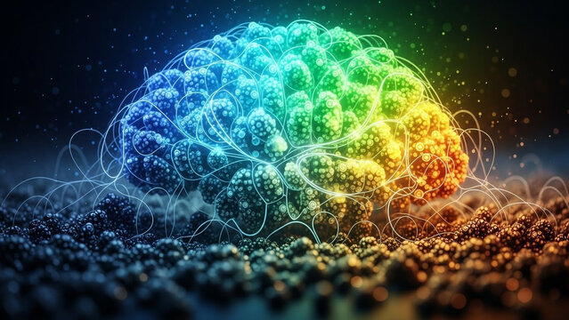 Human brain illustration showcasing neural connections and cognitive function with vibrant rainbow colors and intricate details on a dark background