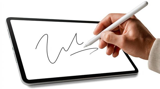 Hand holding white stylus pen writing on blank tablet screen, digital drawing office tech element isolated on white background