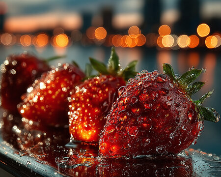 Fresh strawberries with sugar glaze on reflective glass surface in warm evening light