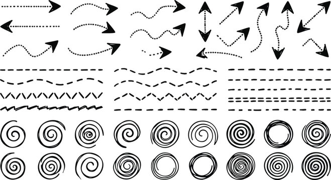 Curved arrow icons linear dashed borders and vortex spiral doodles