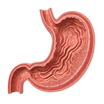 Detailed anatomical cross section of a human stomach showcasing its internal layers and rugae providing a comprehensive view of digestive organ structure for educational purposes