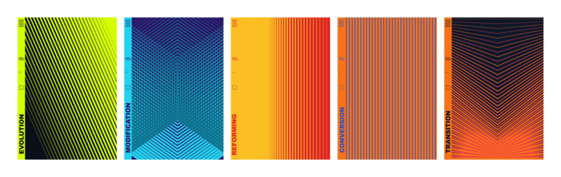 Set of five abstract posters with geometric line patterns and gradients
