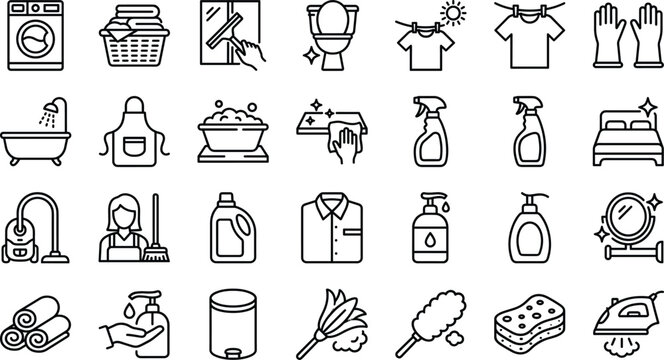 Cleaning service and housekeeping line icon set for domestic laundry sanitation home hygiene maintenance and chore organization