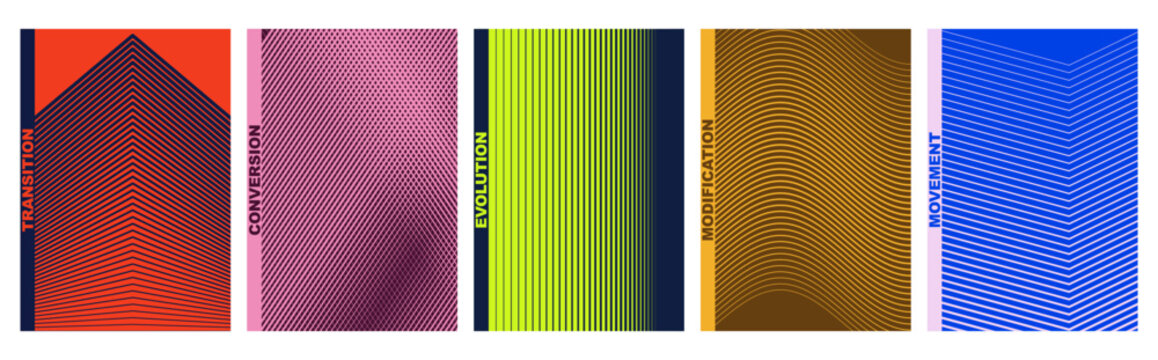 Set of five abstract geometric posters with linear patterns and gradients