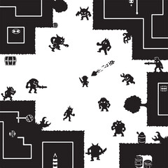 Obraz premium Monsters in a maze, pixel art style, black and white, Generative Ai