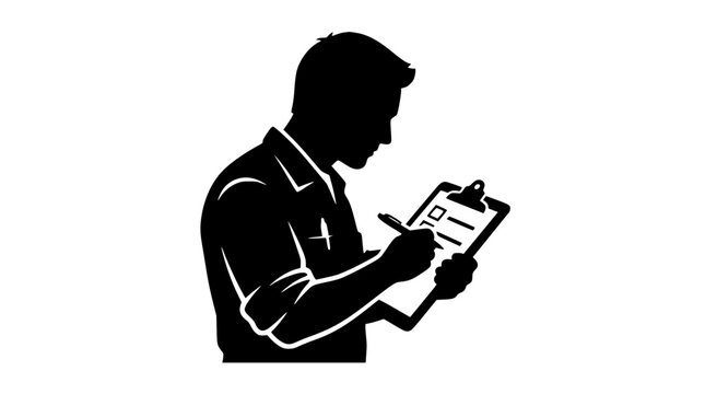 Silhouette of a male worker writing on a clipboard