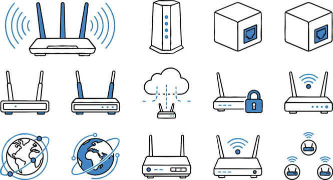 Wireless Networking Collection with WiFi Routers, Modems, Cloud Network, Internet Devices, Secure Connection, and Technology Vector Illustration Set