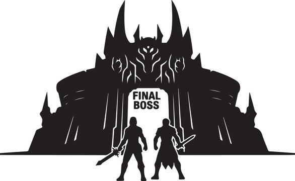 Two warriors facing final boss in dark fantasy castle vector illustration, Generative Ai