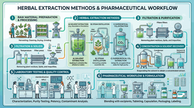 Infographic showing comprehensive herbal extraction methods and pharmaceutical workflow process for manufacturing plant based medicine with workers