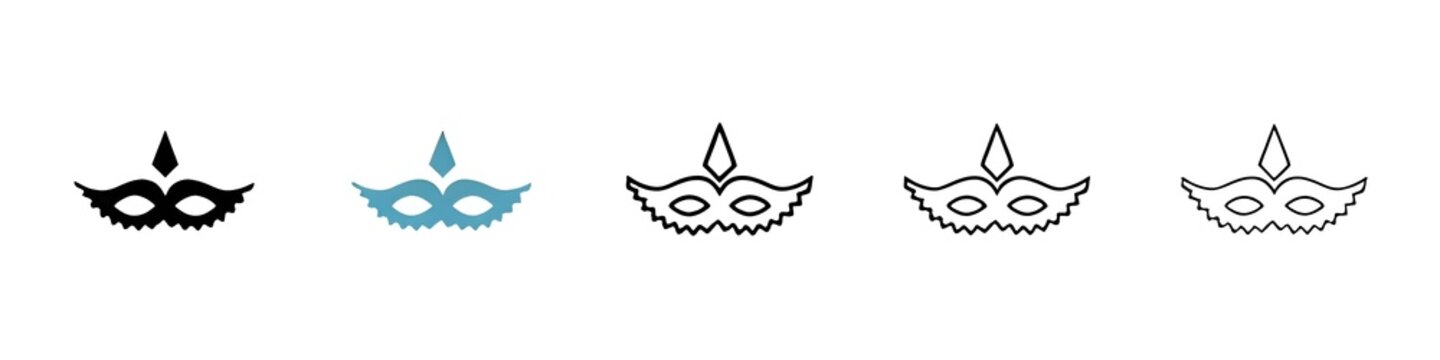 Festive Carnival Mask Set. Colorful Party and Masquerade Icons. Brazilian Celebration Symbols. Thin line customizable illustration. Contour symbol. Vector isolated outline drawing. Editable stroke