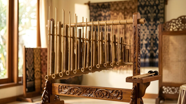 A traditional Indonesian angklung musical instrument made of bamboo sits gracefully on an intricately carved wooden stand inside a cultural room.