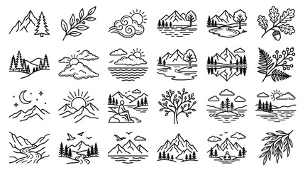Minimalist Nature Line Art Collection: Mountains, Trees, Rivers, Sun, Clouds © gedang