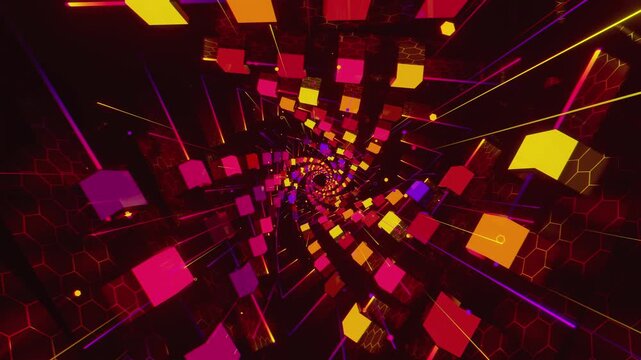 seamless loop of a futuristic geometric tunnel. Abstract digital vortex made of twisting cube structures, glowing lines and honeycomb grid patterns, creating deep perspective for VJ screens