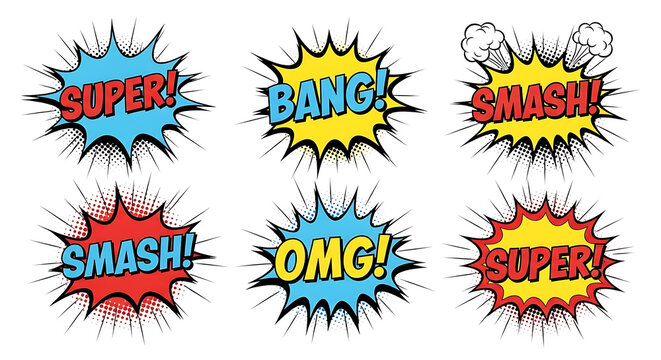 Comic book style speech bubble explosion set with text effects explosion colorful comicbook