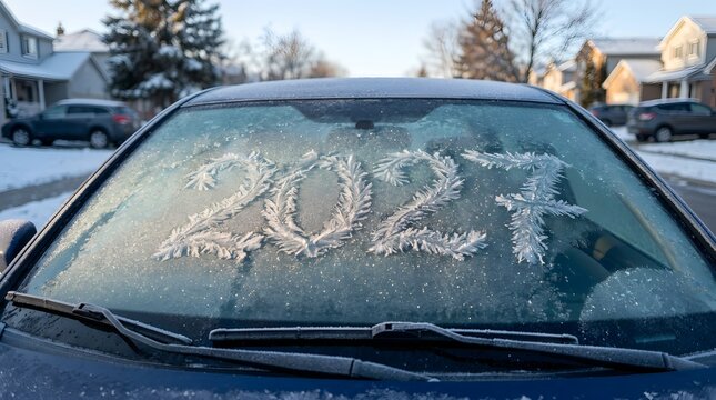 The year 2027 written in frost on a car windshield during a cold winter day in a suburban neighborhood
