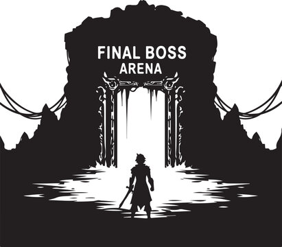 Silhouette Warrior Standing in Glowing Dark Fantasy Arena with Ominous Portal, Generative Ai